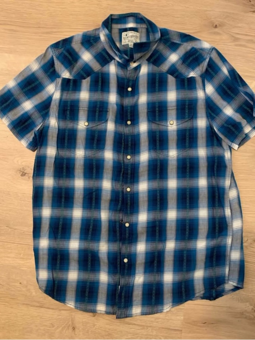 Lucky Brand Blue and White Plaid Short-Sleeve Pearl snap shirt